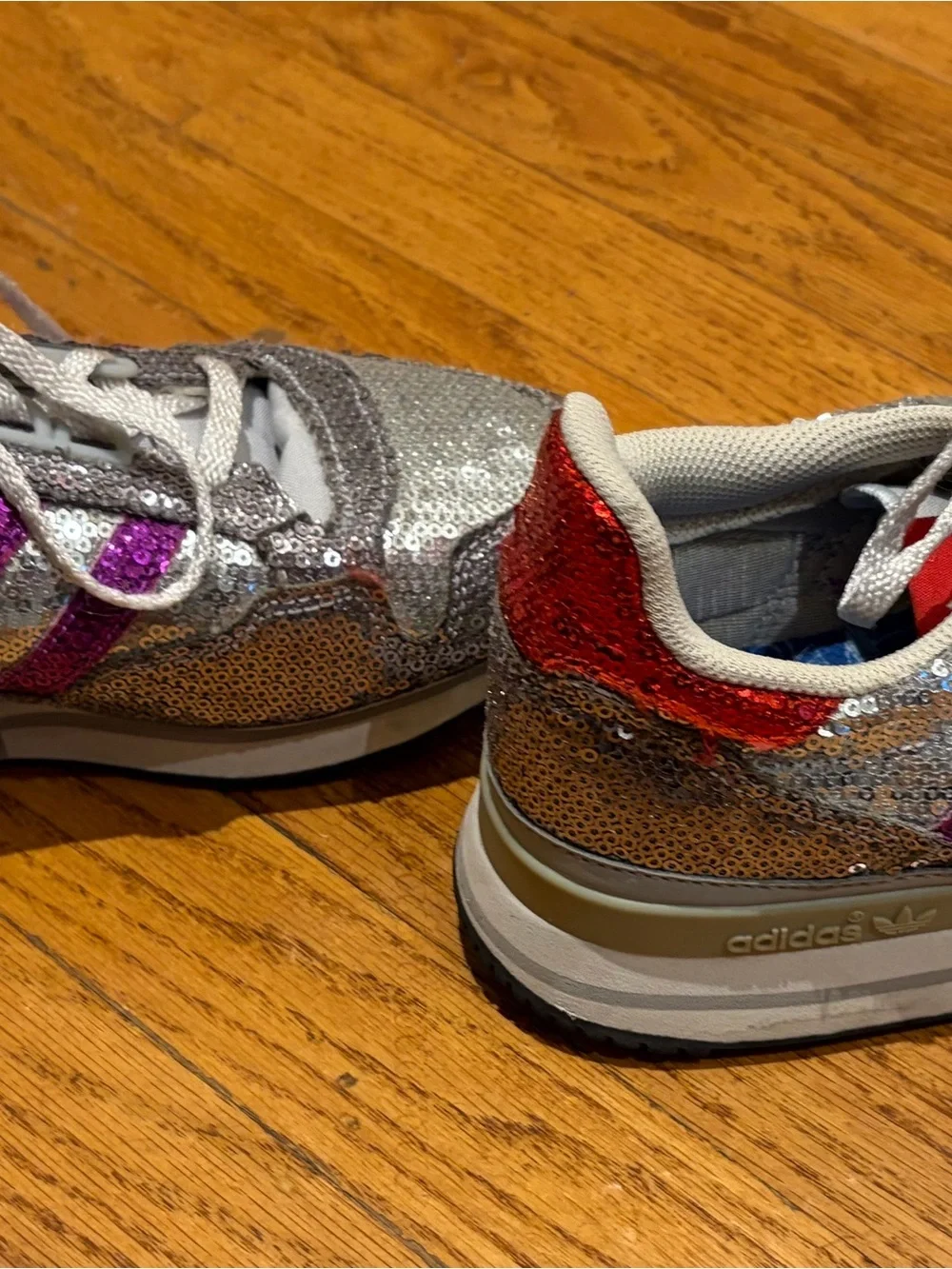 Adidas Women’s Sz 7 Silver Sequin Sneakers with Purple Stripes and Red Heel